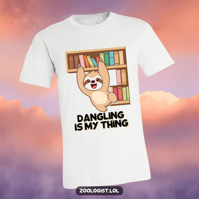 Funny delighted sloth character playfully dangling from a bookshelf on a humorous t-shirt, great gift for readers.
