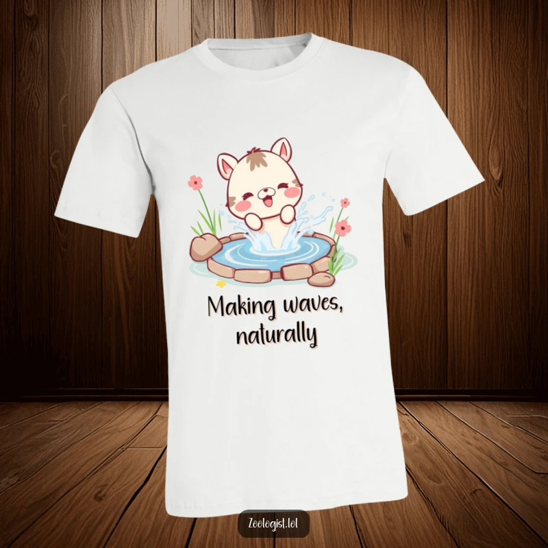 Funny animal t-shirt, a cute character joyfully splashing water with both paws from a small pond, creating happy water droplets.