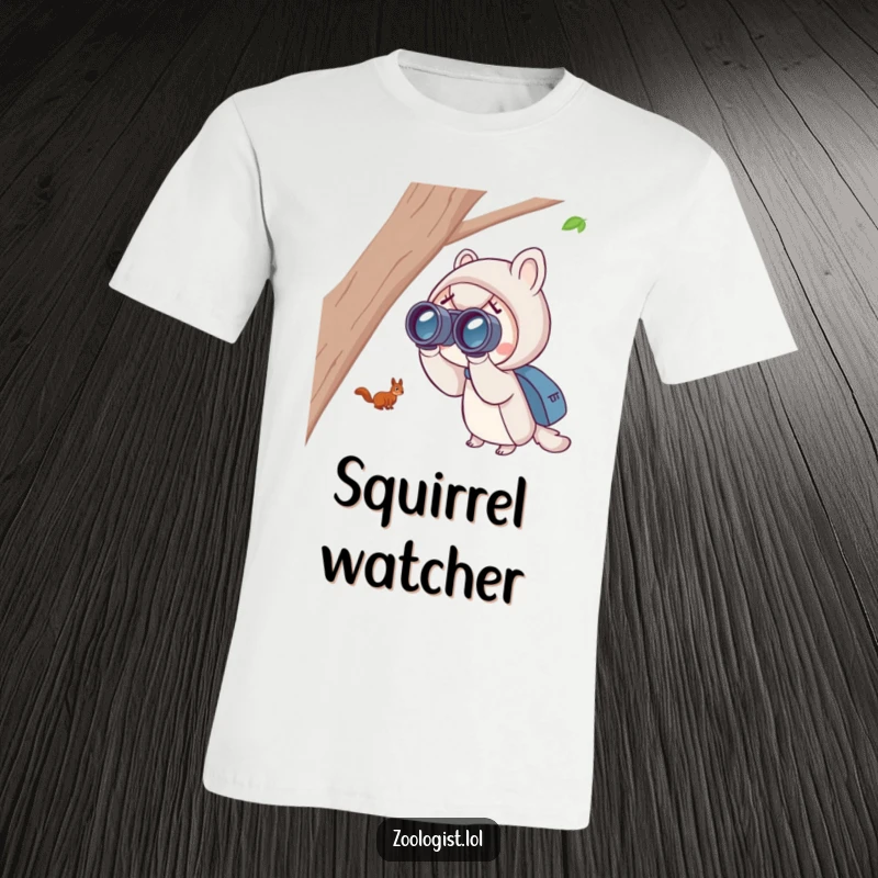 Funny squirrel spotting t-shirt showing a cute character with binoculars, excitedly focused on a distant, playful squirrel.