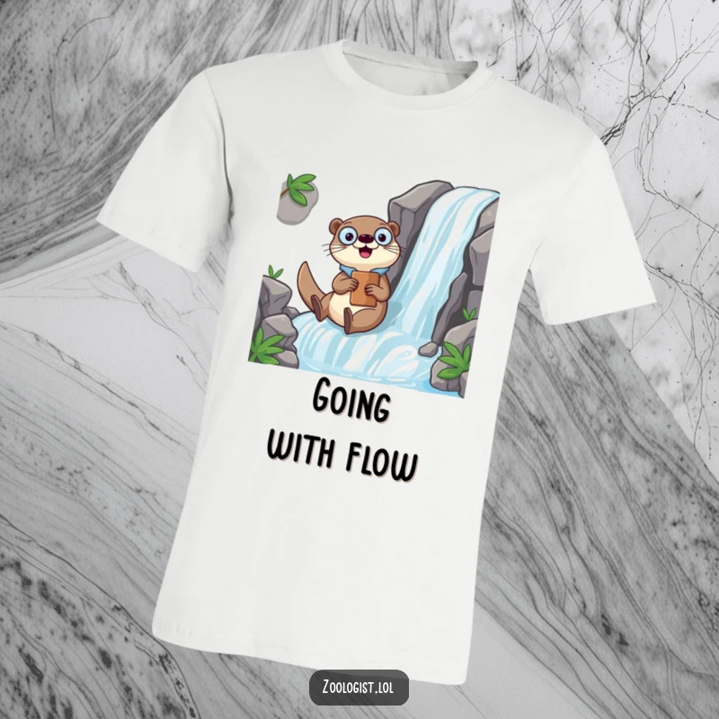Funny Kawaii otter zoologist character sliding down a waterfall with a clipboard, a humorous and adventurous t-shirt for nature lovers.