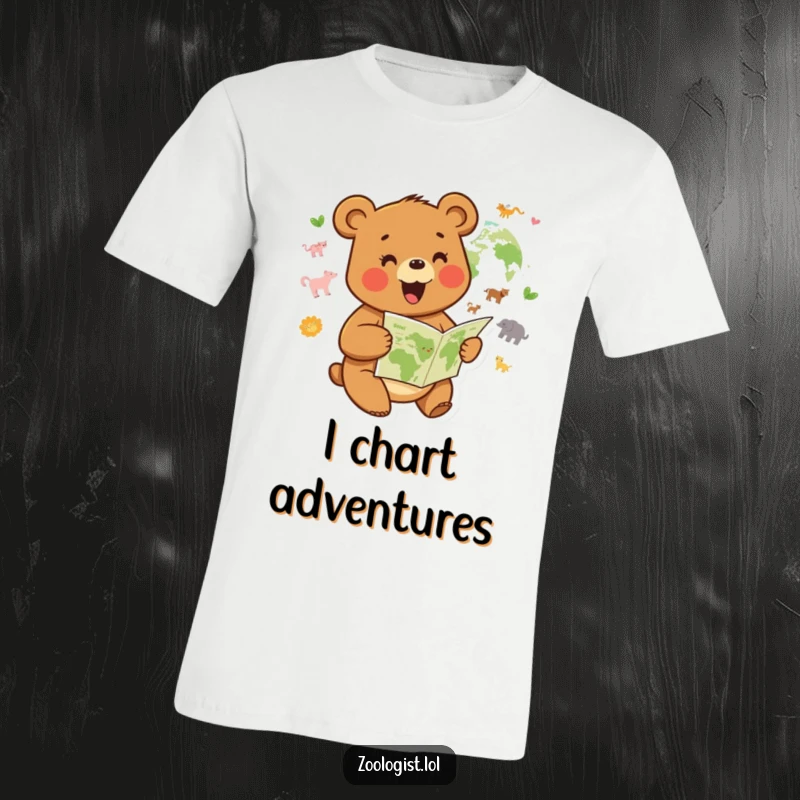 Funny t-shirt with a joyful bear character studying a map of animal habitats with enthusiasm, funny gift.