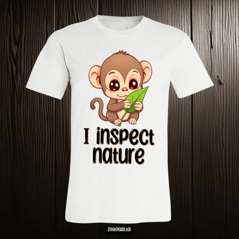 Funny t-shirt with a curious monkey character closely inspecting a leaf with wide-eyed wonder, funny gift.