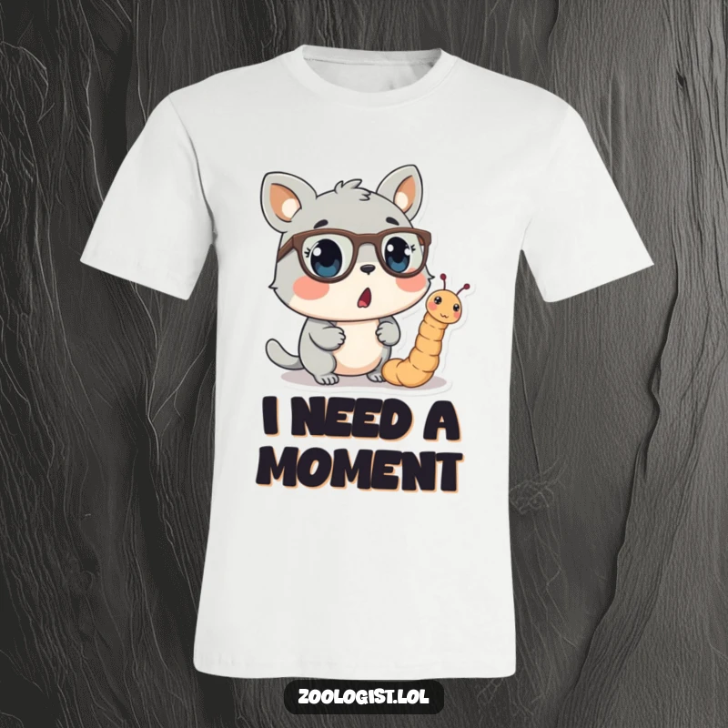 Funny t-shirt showcasing a shocked animal character fixated on a small worm wearing tiny glasses, a humorous and relatable scene.
