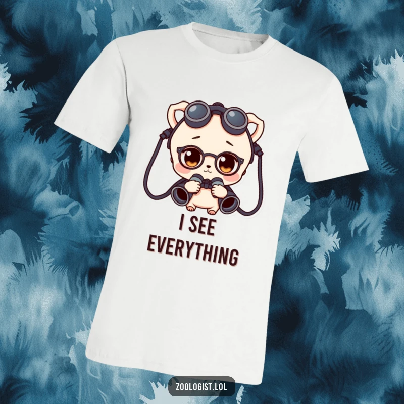 Funny character with binoculars around their neck, sporting a curious expression, printed on a comfortable t-shirt.