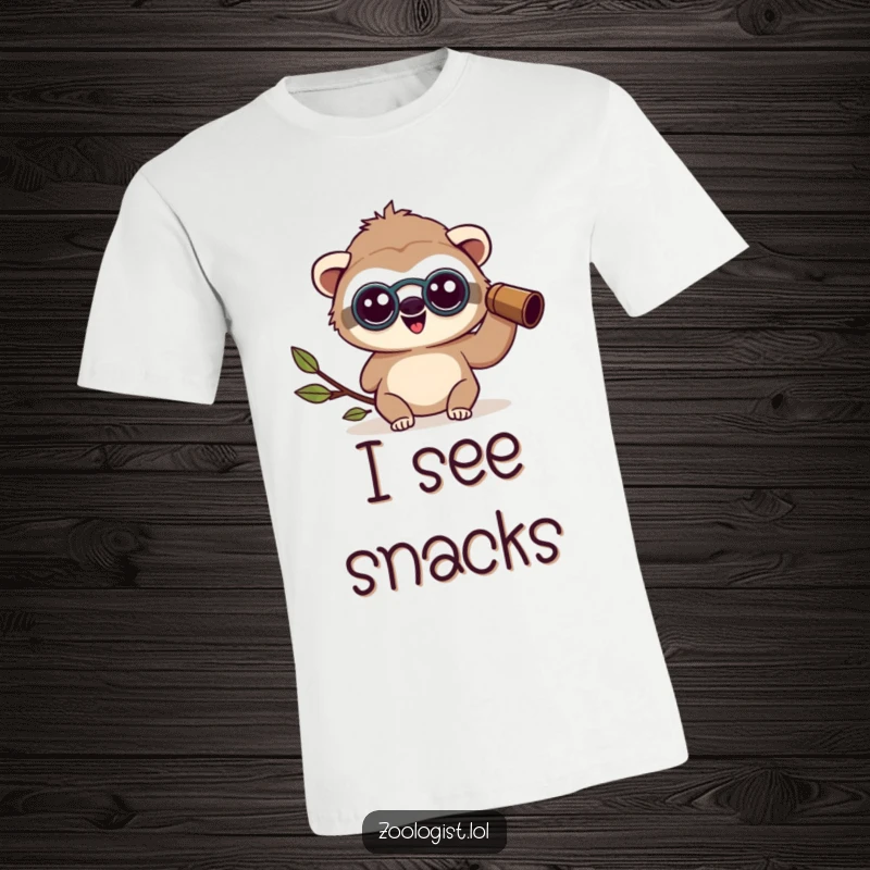 Funny happy Kawaii sloth zoologist character wearing binoculars, looking amazed, comfortable t-shirt for explorers, funny gift.