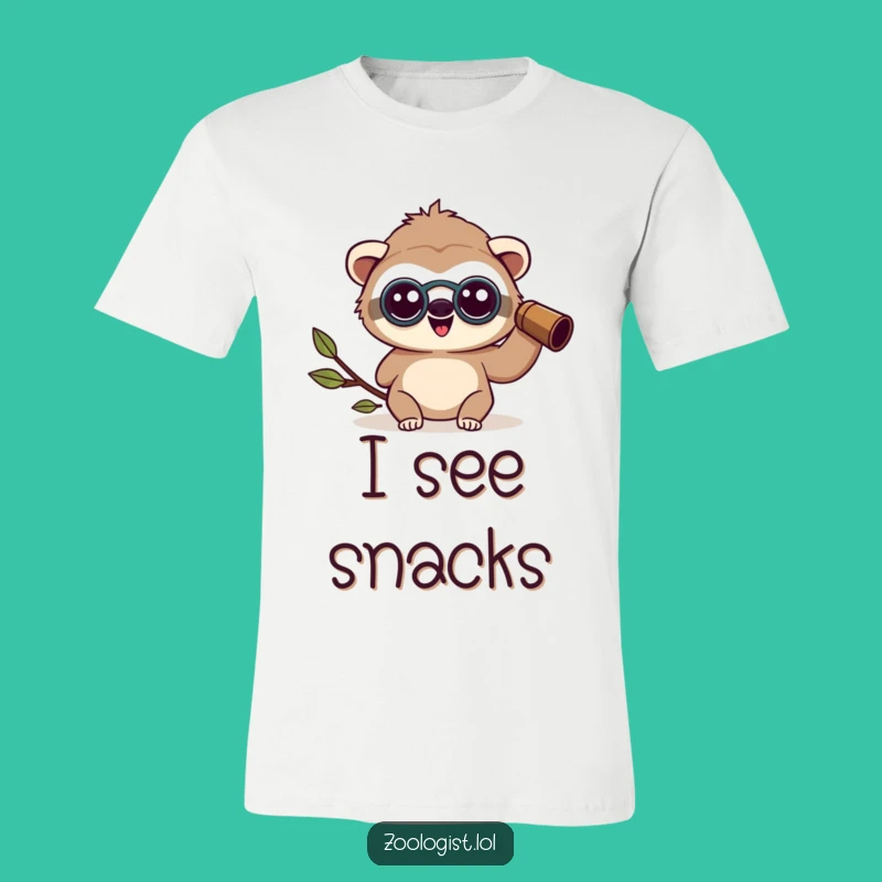 Funny Kawaii Sloth Zoologist T-Shirt: Happy Character Amazed with Binoculars, Great Gift