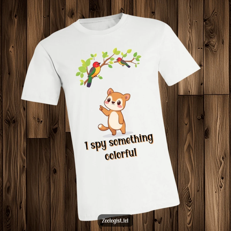 Funny animal t-shirt, a cute character enthusiastically pointing upwards towards a vividly colored bird sitting on a tree limb.