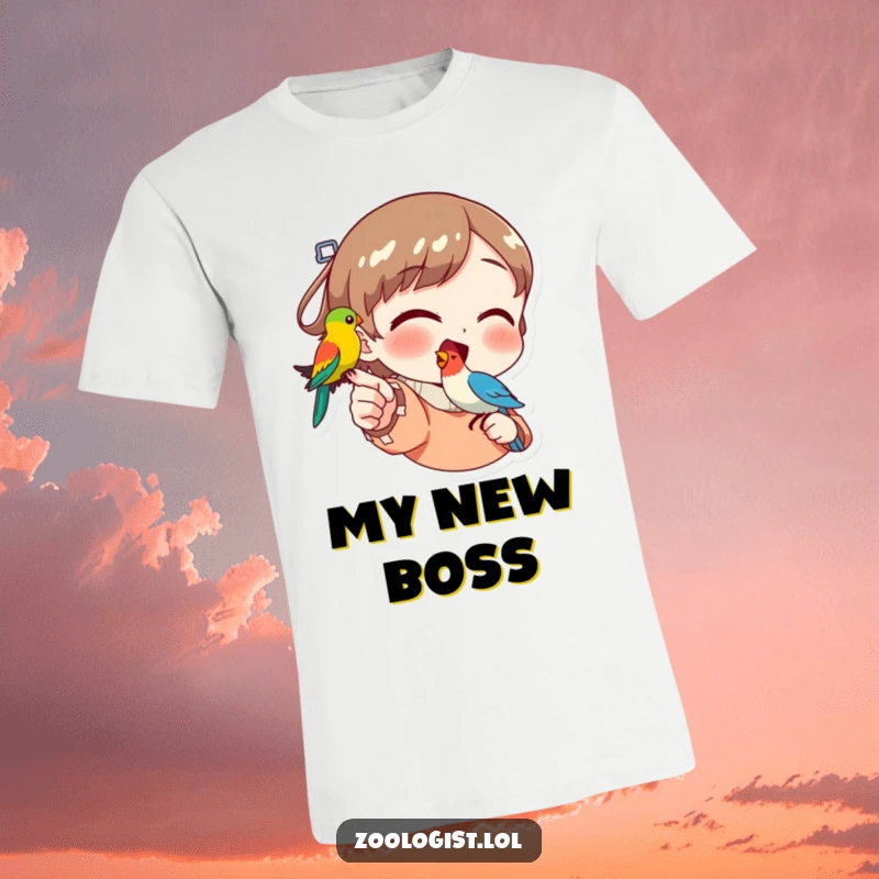 Funny t-shirt showing a character excitedly pointing a finger at a vibrant bird perched upon it, conveying pure happiness.