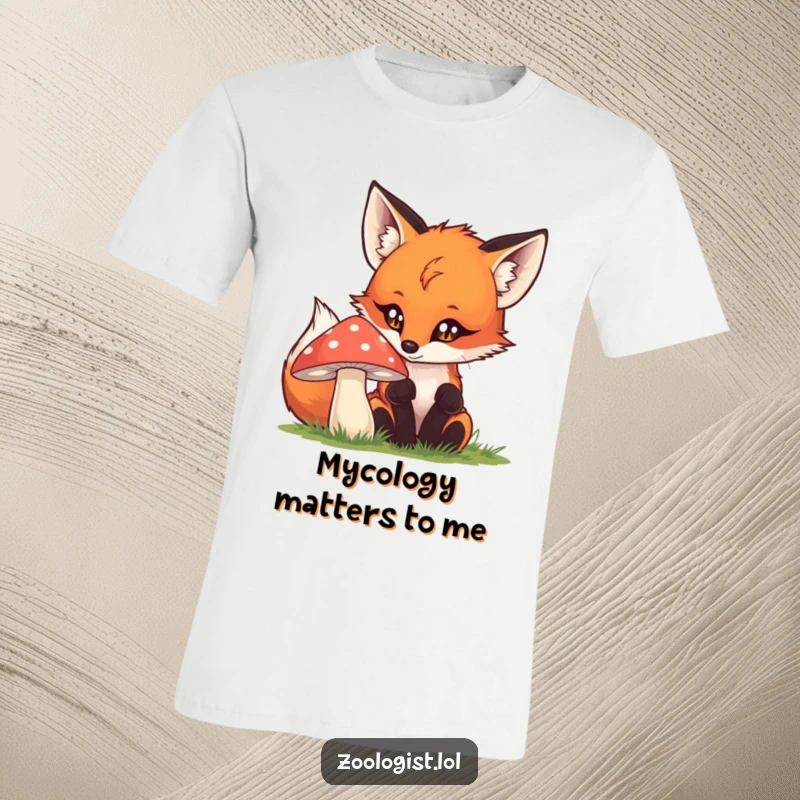 Funny fox t-shirt depicting a curious fox intently examining a colorful mushroom, ideal for outdoor enthusiasts and humor seekers.