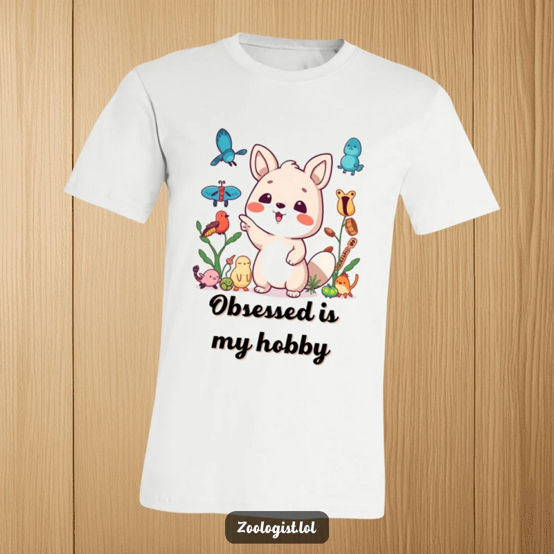 Funny t-shirt featuring a cute animal character excitedly pointing at a collection of various interesting specimens, celebrating discovery.