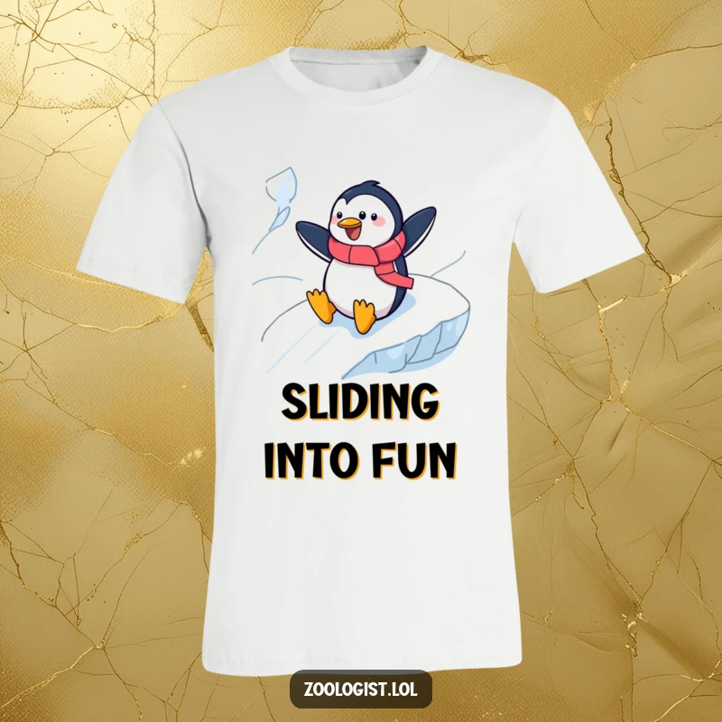 Funny cheerful penguin zoologist sliding down an icy slope on a graphic t-shirt, perfect for winter lovers and funny gifts.