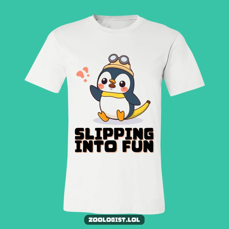 Funny Kawaii Penguin Zoologist T-Shirt: Surprised Penguin Slips on Banana, Great Gift