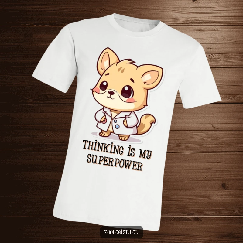 Funny t-shirt with a cute animal character wearing a lab coat, looking deeply thoughtful and pondering scientific concepts.