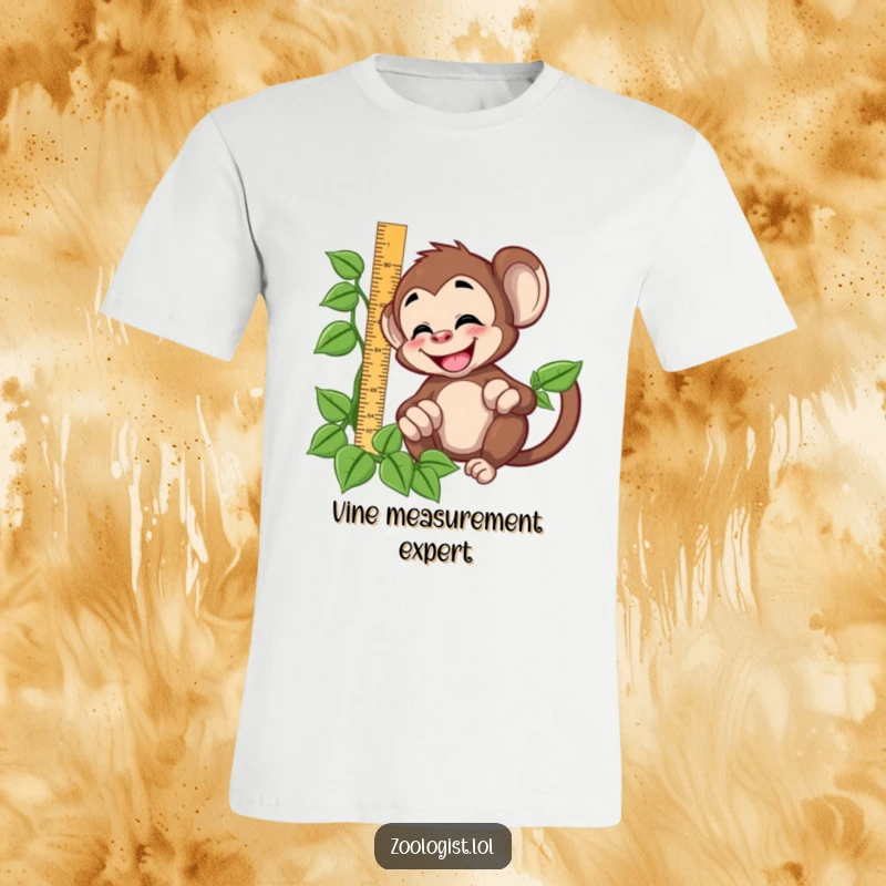 Funny giggling monkey character trying to measure a vine with a ruler on a humorous t-shirt, great gift.