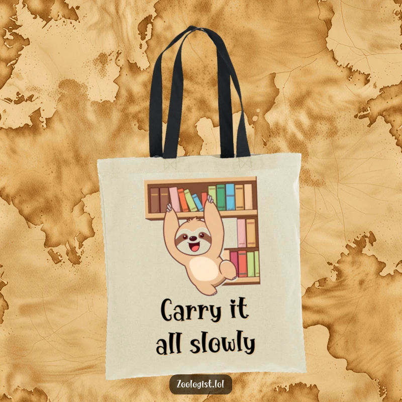 Funny delighted sloth character playfully dangling from a bookshelf, on a practical tote bag for book lovers.