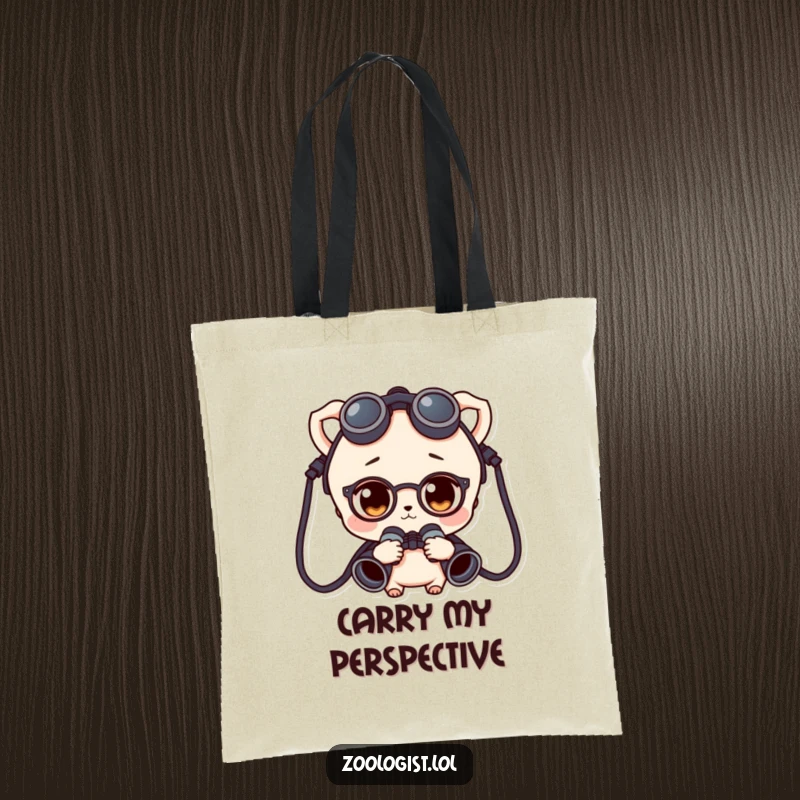 Funny character wearing binoculars around their neck, appearing curious, printed on a durable tote bag for adventurers.