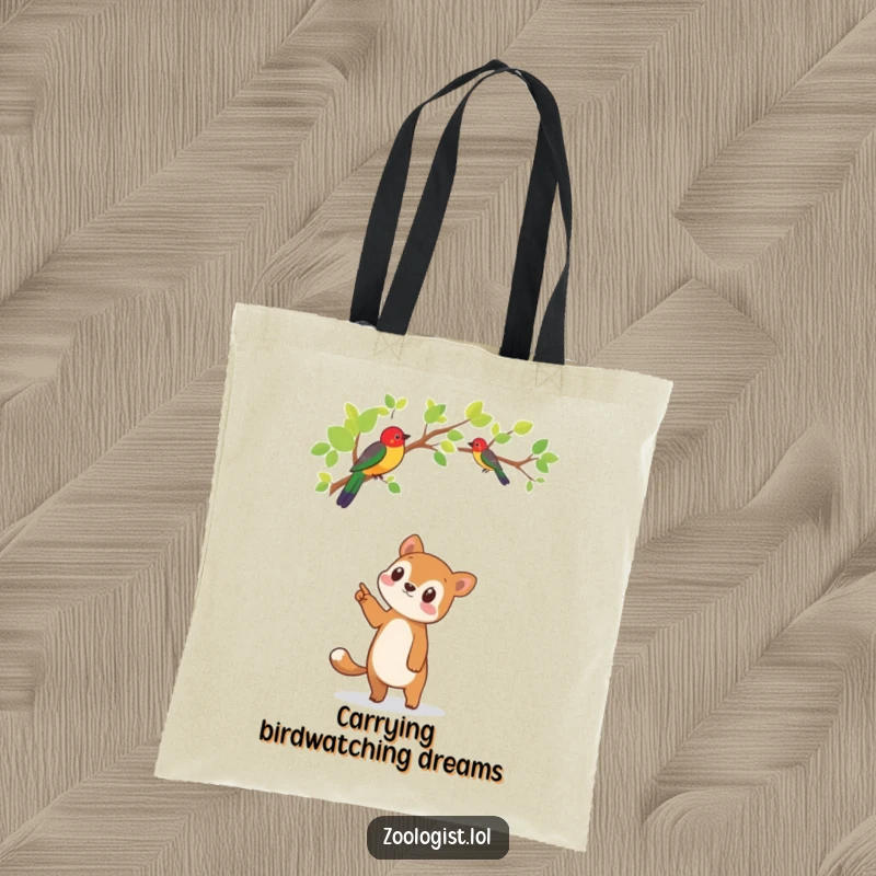 Funny tote bag illustrating a cute animal character pointing skyward at a colorful bird nestled within the branches of a tree.