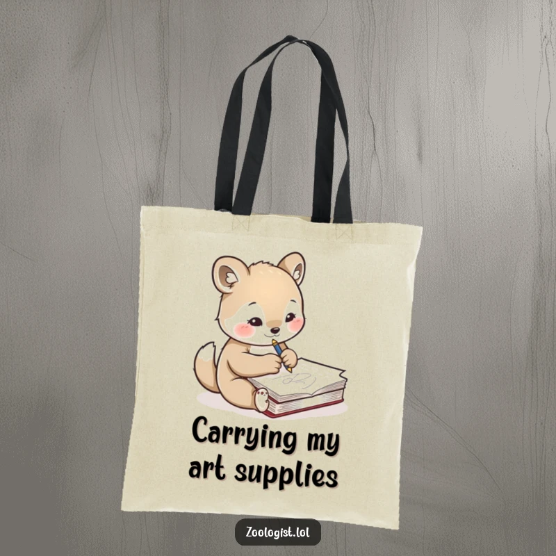 Funny tote bag with a cute animal character concentrating on sketching another animal in a notebook, perfect for artists carrying their essentials.