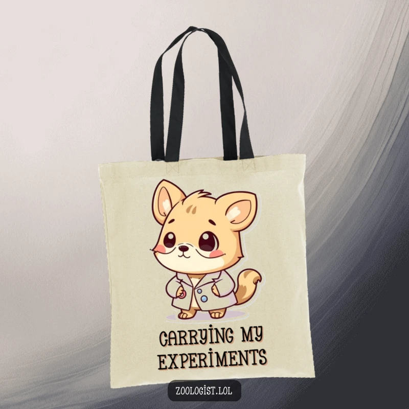 Funny tote bag with a cute animal character in a lab coat, looking very thoughtful and deep in scientific contemplation.