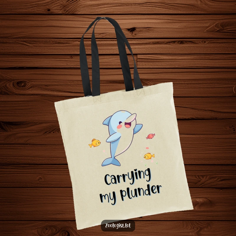Funny tote bag illustration of a super excited dolphin leaping joyfully out of the water, eyes focused on the fish it sees.