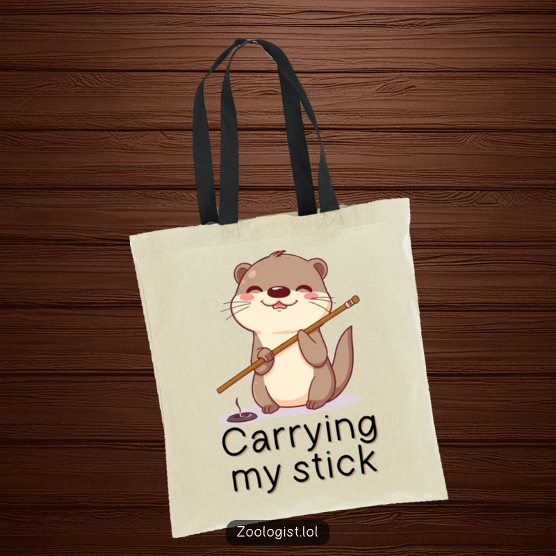 Funny otter tote bag depicting a giggling otter using a long stick to investigate something by poking a small hole.