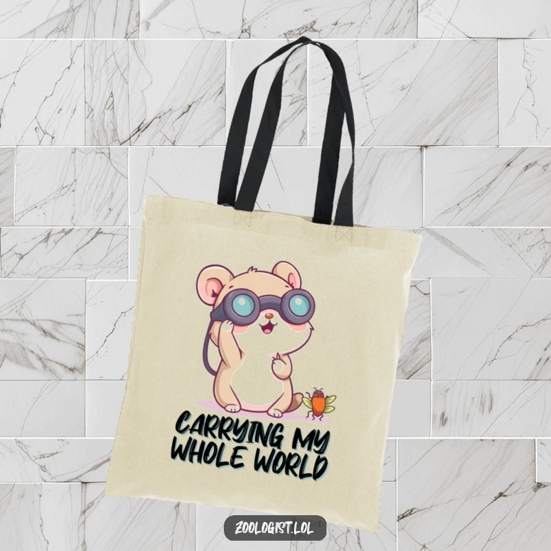 Funny tote bag with a small animal character cheerfully using binoculars to examine a tiny bug, great for outdoor essentials.