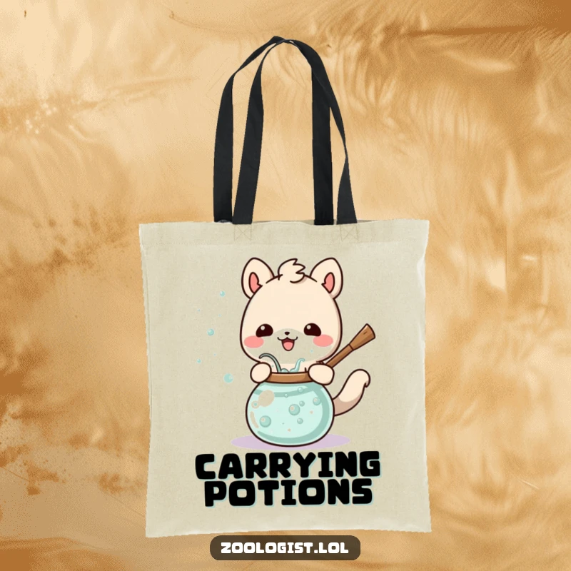 Funny Cute Animal Tote Bag Happily Stirring a Bubbling Potion, A Mystical and Humorous Accessory.