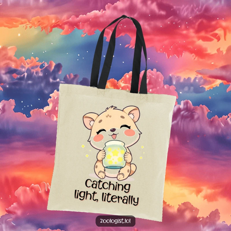 Funny tote bag showing a cute animal character in mid-giggle, clutching a glass jar filled with luminous, magical fireflies.