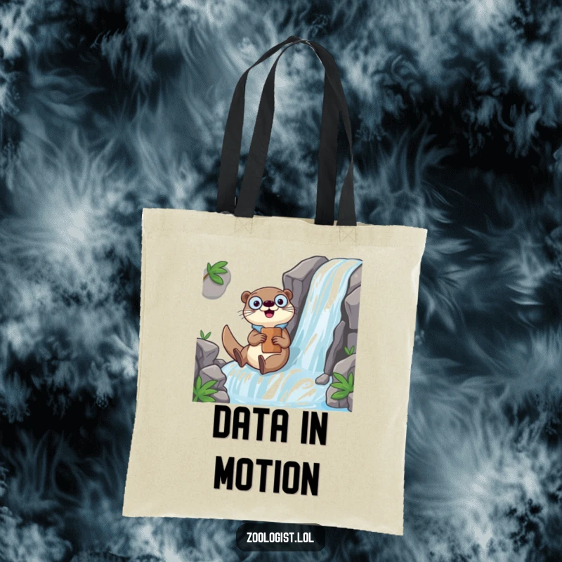 Funny Kawaii otter zoologist character sliding down a waterfall with a clipboard, a humorous and functional tote bag for adventurers.