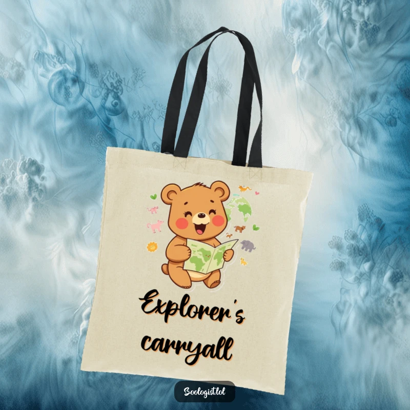 Funny tote bag with a joyful bear character studying a map of animal habitats, perfect for carrying outdoor gear humorously.