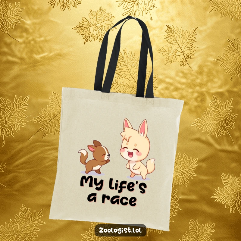 Funny tote bag design of a character laughing at two animals playfully chasing each other, perfect for carrying essentials.
