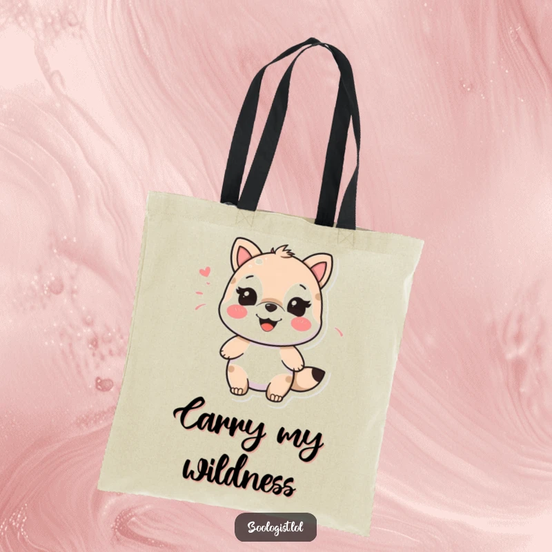 Funny character joyfully imitating an animal sound with a happy smile, a humorous and practical tote bag.