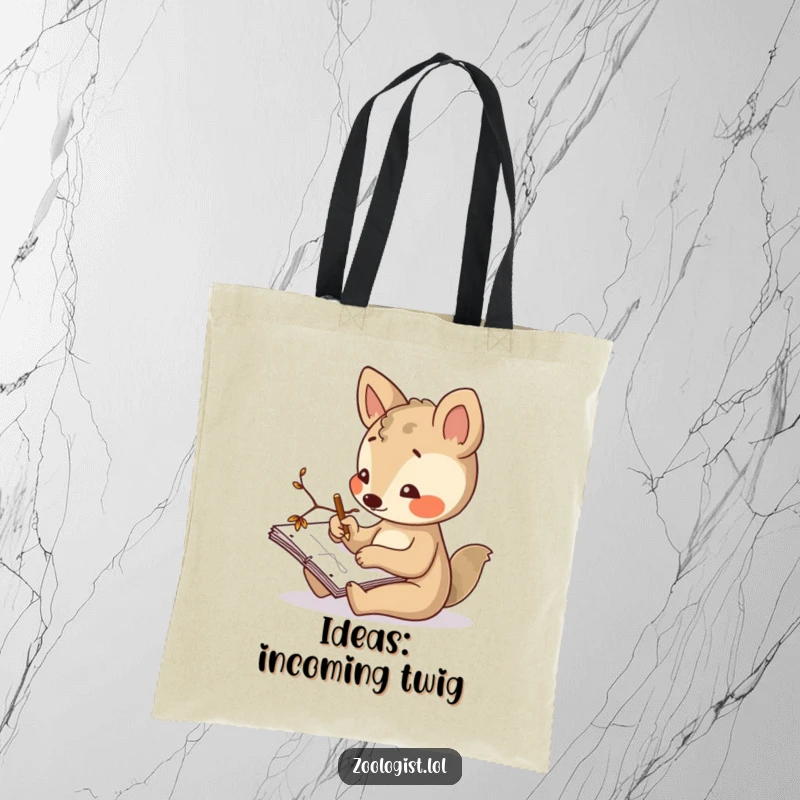 Funny tote bag with a curious animal character sketching in a notepad using a twig, ideal for carrying art supplies or daily items.