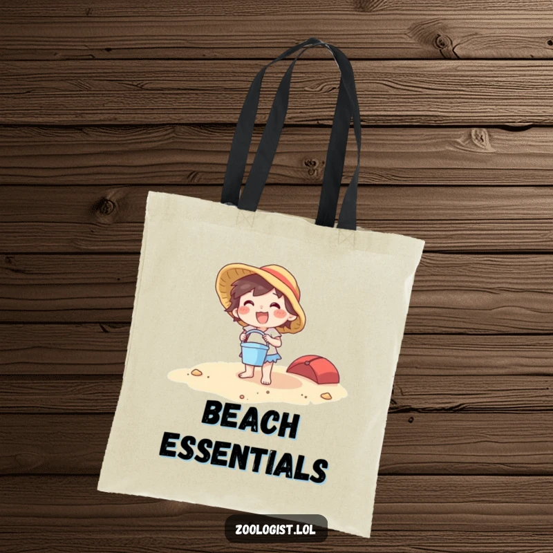 Funny beach character tote bag with a joyful creature holding a tiny bucket and spade, ready for sandy excursions.