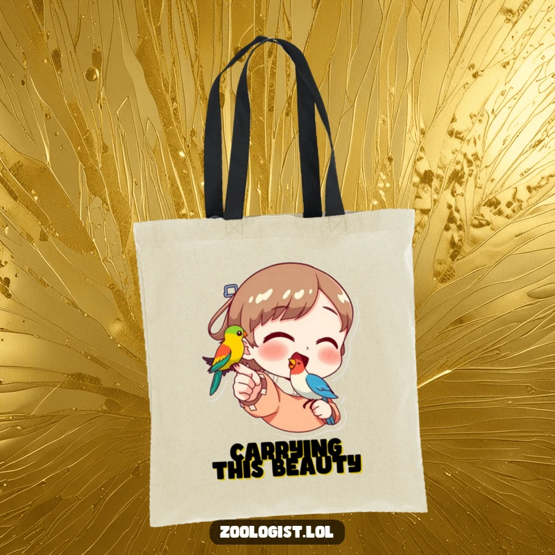 Funny tote bag showcasing a character excitedly pointing to a beautiful, multi-colored bird perched on their finger, radiating happiness.