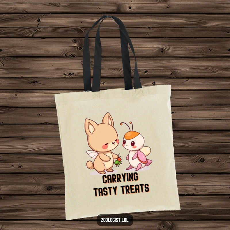 Funny tote bag with a cute animal character offering a friendly bug to another creature, ideal for humorous displays of friendship.