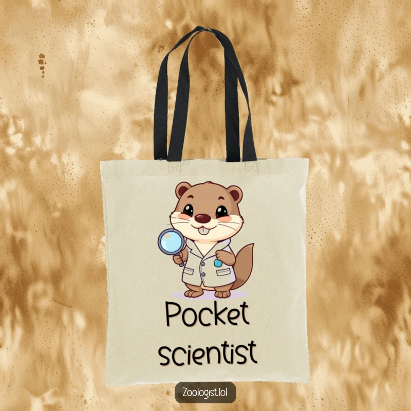 Funny tote bag with a happy otter character in a lab coat holding a magnifying glass, perfect for carrying supplies humorously.