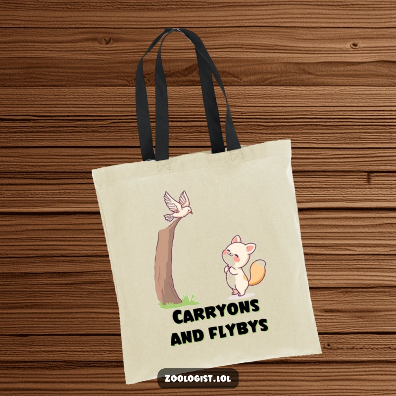 Funny tote bag with a cute animal character joyfully observing a bird in flight, celebrating nature and inspired contemplation.