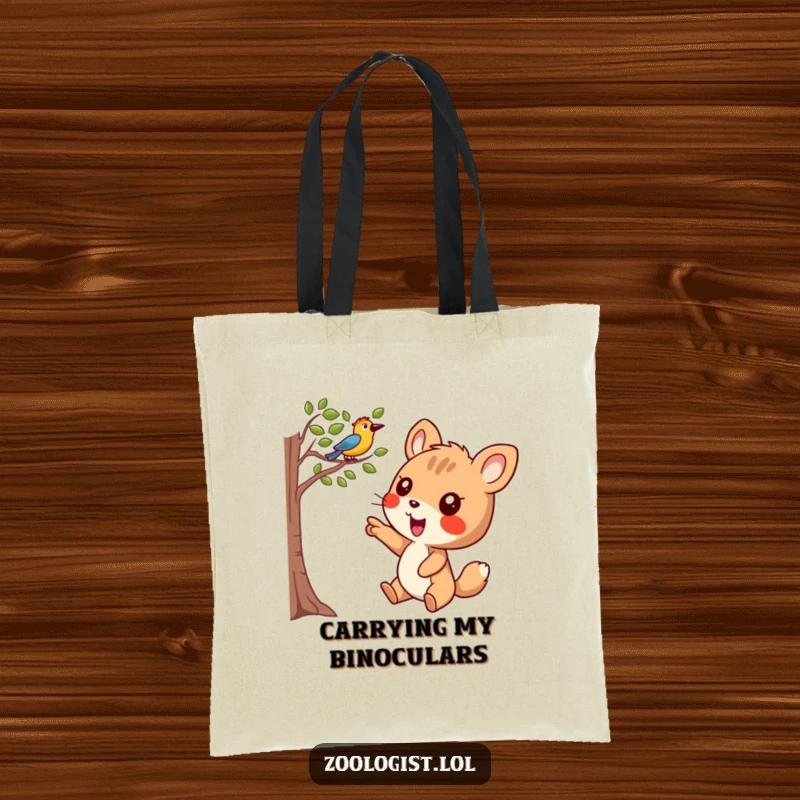 Funny Tote Bag: Joyful animal character pointing excitedly at a bird in a tree, great for carrying treasures and smiles.
