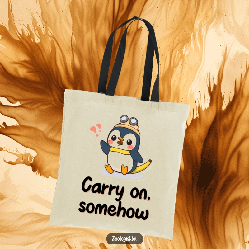 Funny surprised Kawaii penguin zoologist character slipping on a banana peel on a durable tote bag, perfect funny gift.