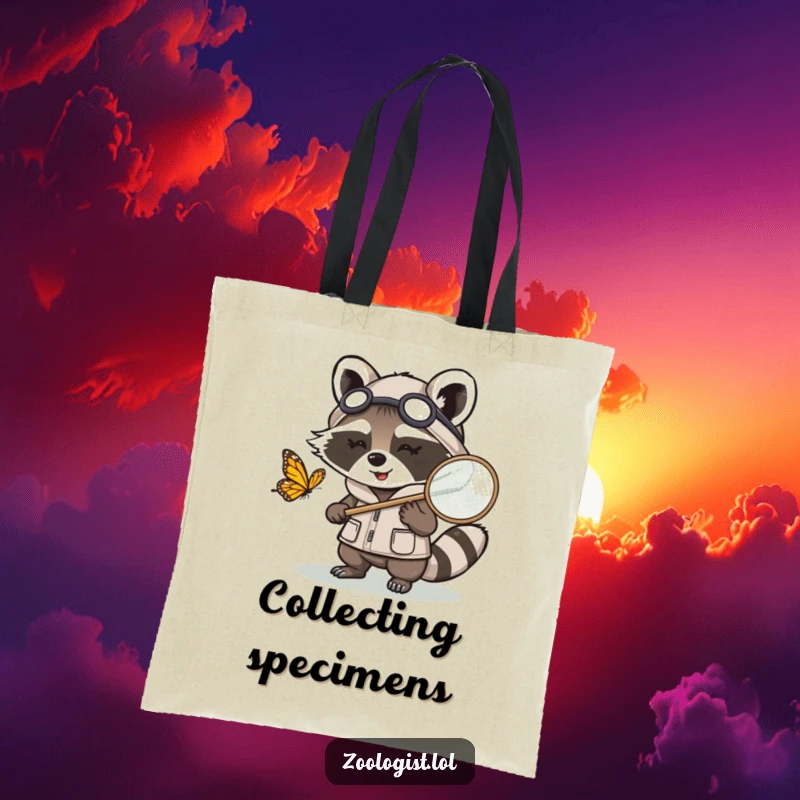 Funny Kawaii raccoon zoologist character chasing a butterfly with a net, a humorous and functional tote bag for nature lovers.
