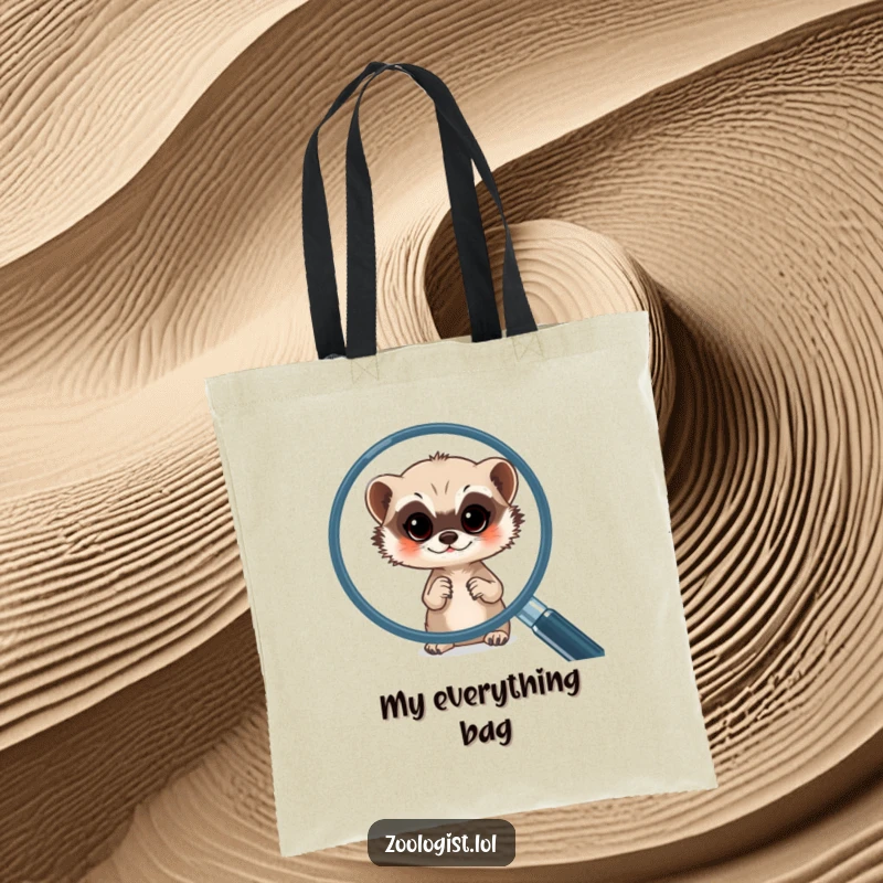 Funny meerkat tote bag showing a cute meerkat using a magnifying glass to examine its surroundings with great interest.