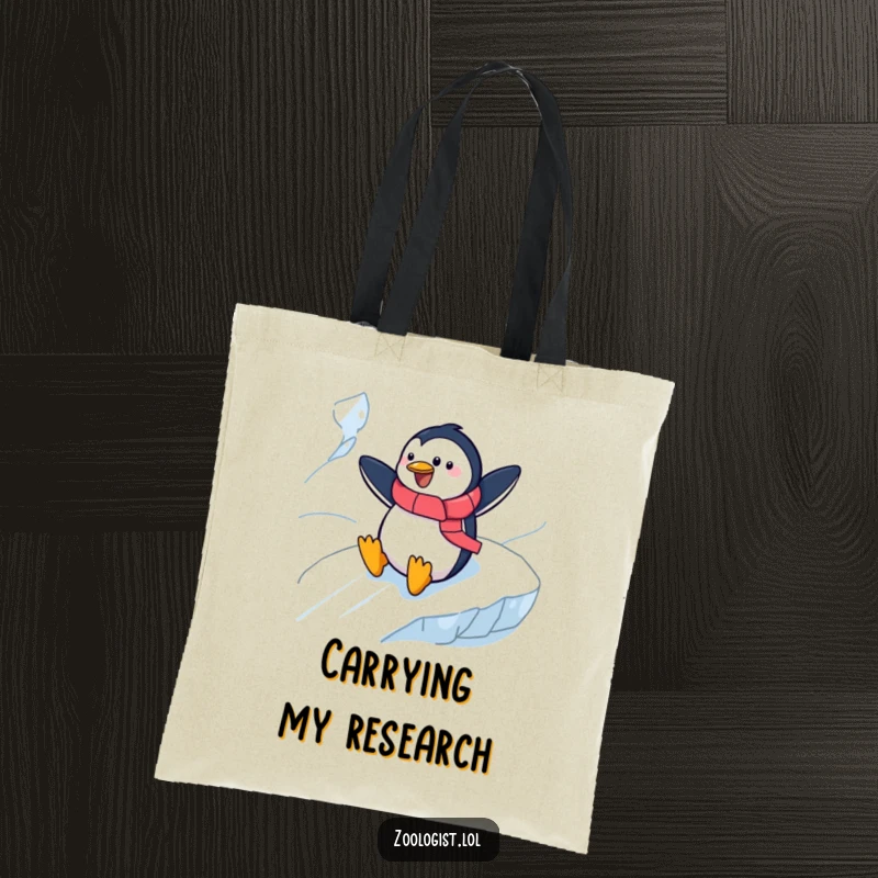 Funny cheerful penguin zoologist sliding down an icy slope on a tote bag, great for field trips humorously.