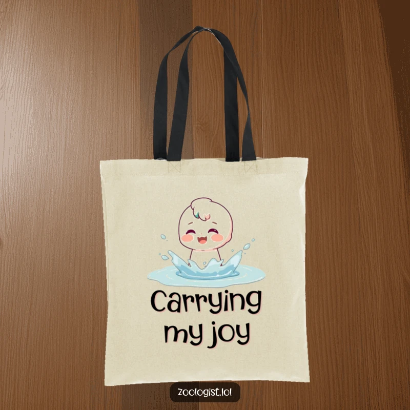 Funny tote bag with a character joyfully splashing in a puddle, their face radiating a satisfied and happy smile, pure delight.