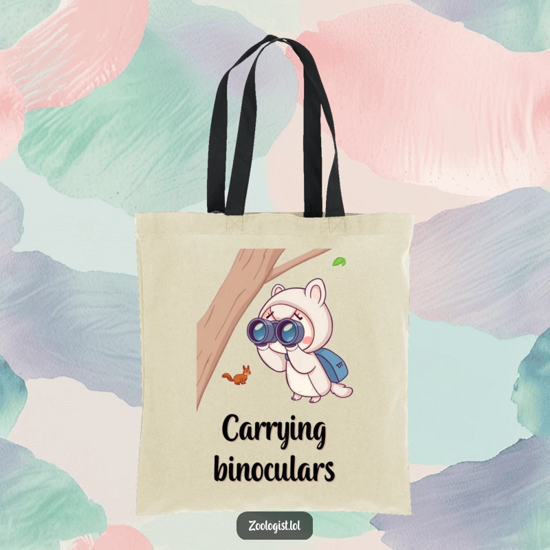 Funny squirrel spotting tote bag with a cute character using binoculars to view a distant, playful squirrel, functional and amusing.