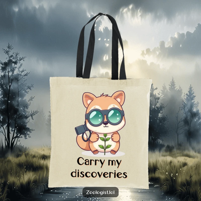 Funny cute animal zoologist with oversized binoculars looking at a tiny plant, reusable tote bag, nature humor, perfect funny gift.