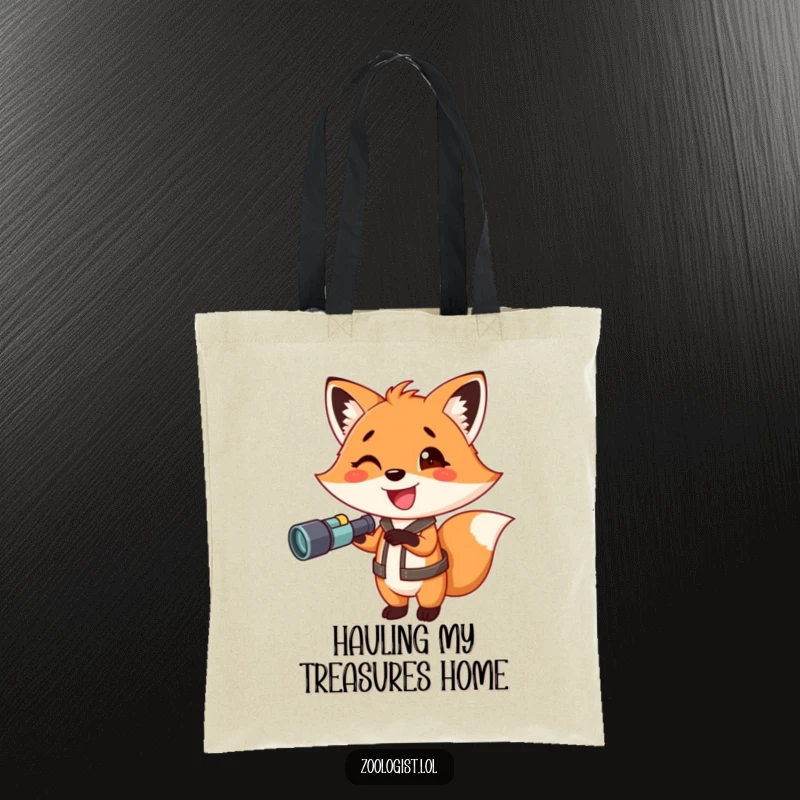 Funny fox tote bag, a smiling fox holding binoculars and pointing, ready for any expedition, perfect for carrying daily essentials.