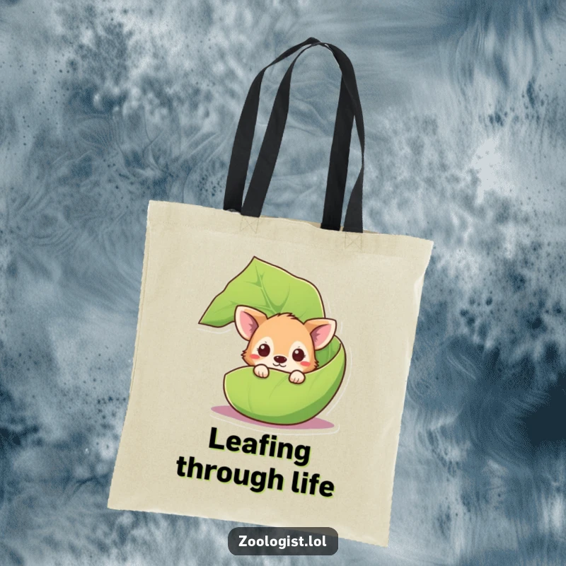 Funny curious animal tote bag with a cute creature peeking from behind a giant leaf, a functional and amusing accessory.