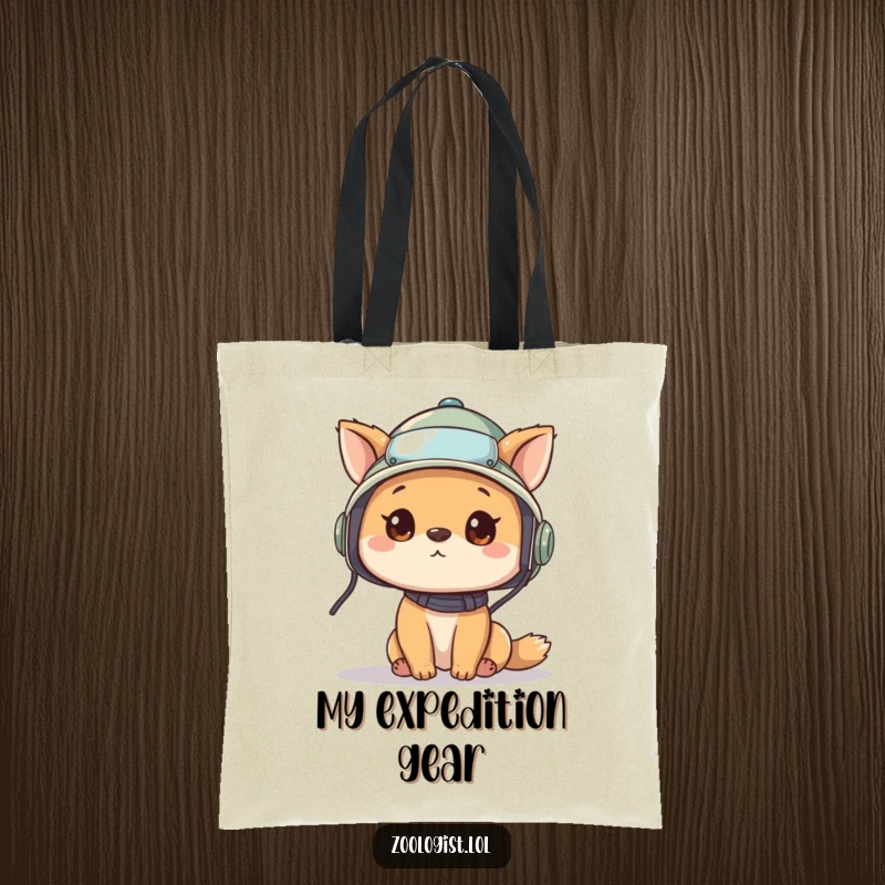 Funny tote bag with a cute animal character in a pith helmet, looking around curiously, perfect for carrying adventure gear and daily items.