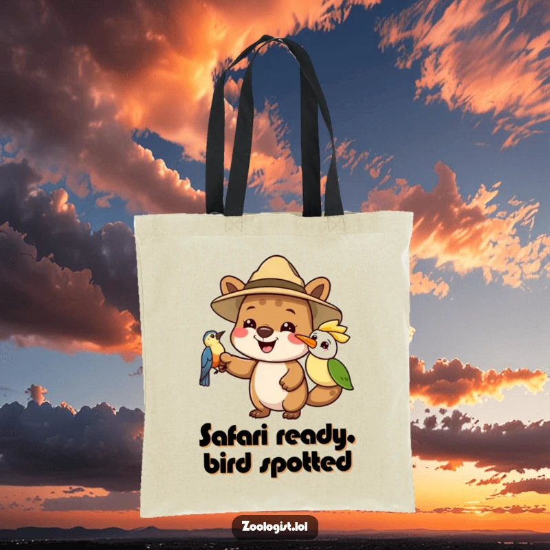 Funny tote bag depicting a happy animal in a safari hat pointing at a bird, ideal for adventurers and nature enthusiasts.